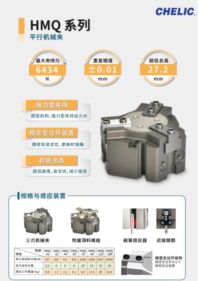 三爪机械夹HMQ系列，气立可气动元件】，【台湾气立可】，【chelic】 ，气立可官网，气立可电磁阀，气立可气缸，气立可气动夹爪